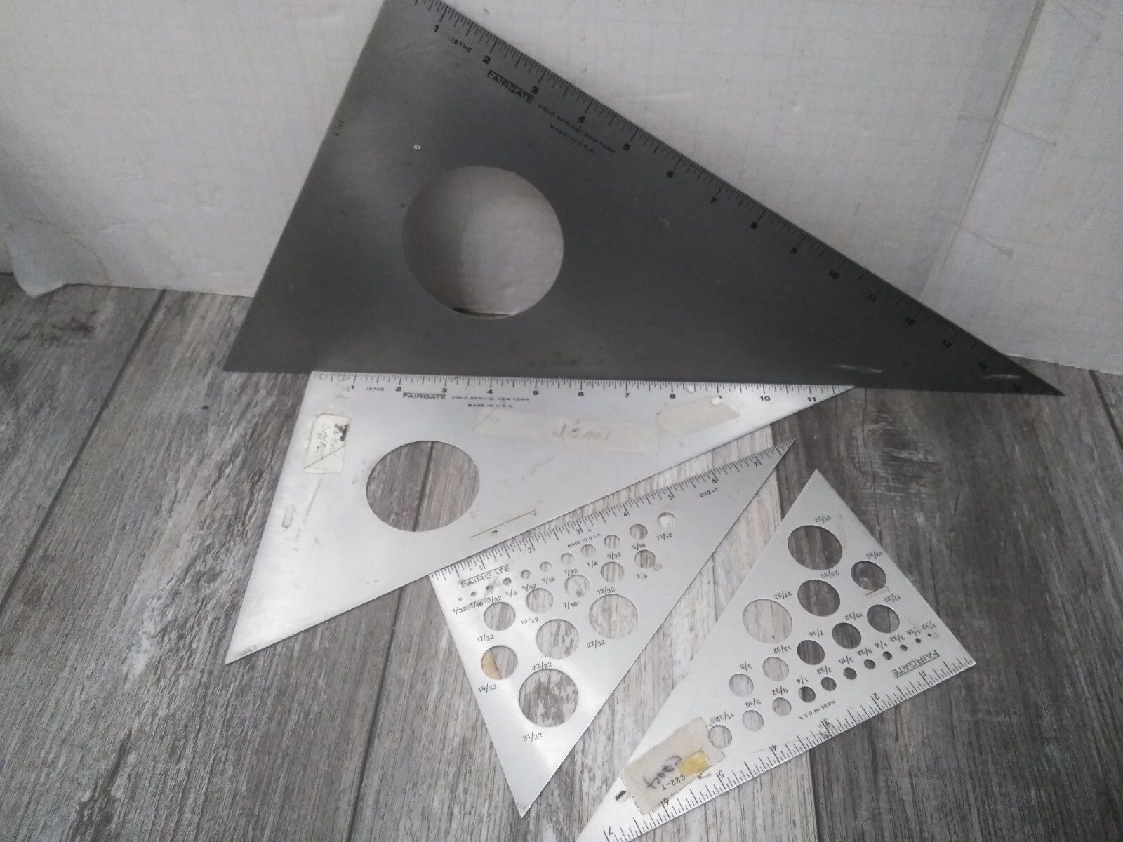4- Fairgate  Aluminum drafting Triangle Rule W/ Circle  #'S  228-T, 222-T (2)..