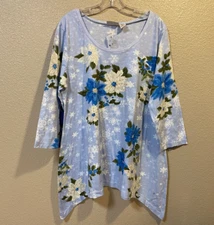 Collections Etc Shirt XL 3/4 Sleeve Blue White Poinsettia Snowflake Sequins New