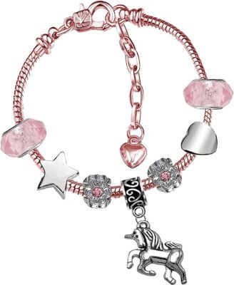 Zauberhaftes Bettelarmband Mädchen Einhorn funkelnder Kristall und Roségold vergoldet