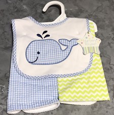 Nursery Rhyme baby boy bib set 2 burp cloths seersucker whale chevron 3 pc set