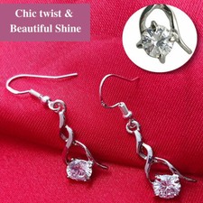 925 Sterling Silver Plated Crystal Double Linear Chic Twisted Loop Drop Earrings