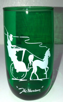 Vintage Anchor Hocking Glass Roly Poly Tumbler Forest Green The Hansom Buggy 5''