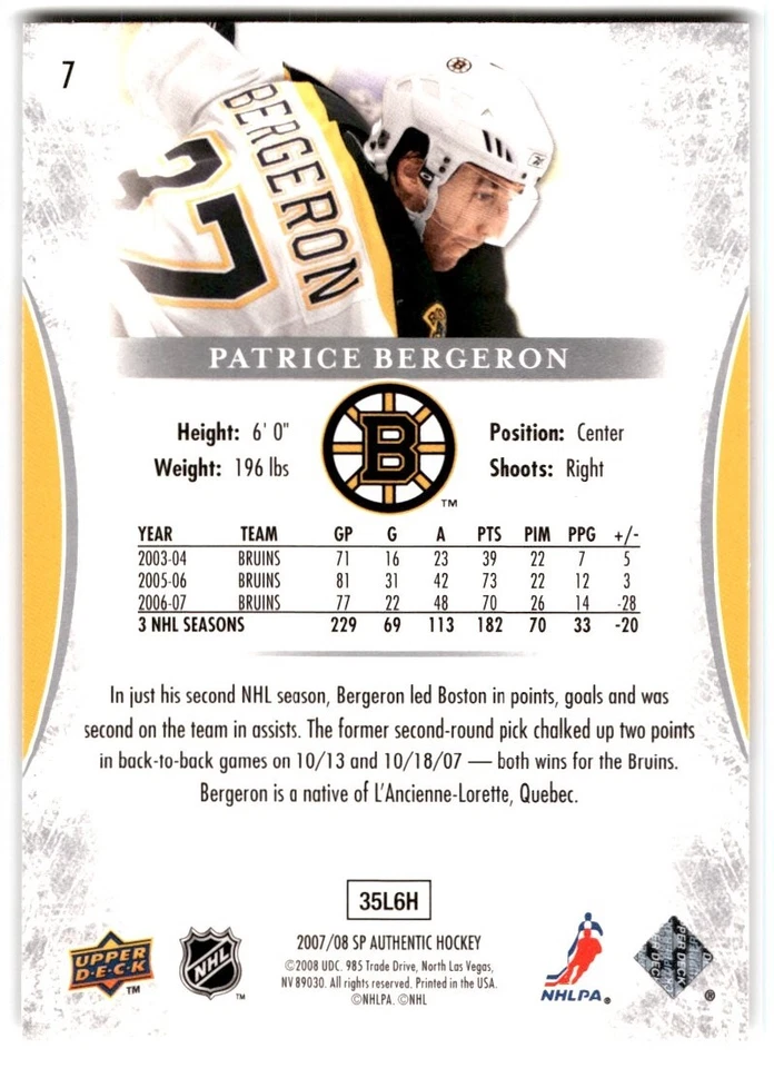 2007-08 SP Authentic Patrice Bergeron #7 Boston Bruins - Image 2 of 2