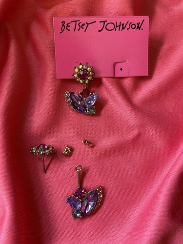 Pendientes delanteros traseros Betsey Johnson Fall Follies púrpura fucsia flor peekaboo - Imagen 2 de 3