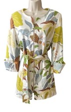 Kelly And Diane Cotton Canvas Floral Print Waist Tie Jacket Size 10 Green Zip Up
