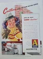 1945 Alemite Oil Lubrication Old man ear muffs thermometer snow vintage ad