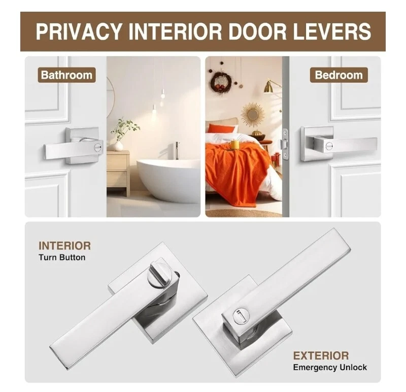 Paquete de 2 manijas cuadradas para cerradura de puerta de privacidad, juego de cerraduras sin llave perillas de puerta Foto 3 de 4