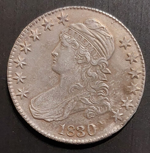 Antique 1830 US Capped Bust Silver Half Dollar AU Devices, Graffiti Reverse 50¢ - Afbeelding 1 van 2