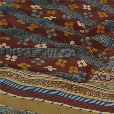 Sanskriti Vintage Saree Dark Red Pure Crepe Silk Printed Sari 5 Yd Craft Fabric