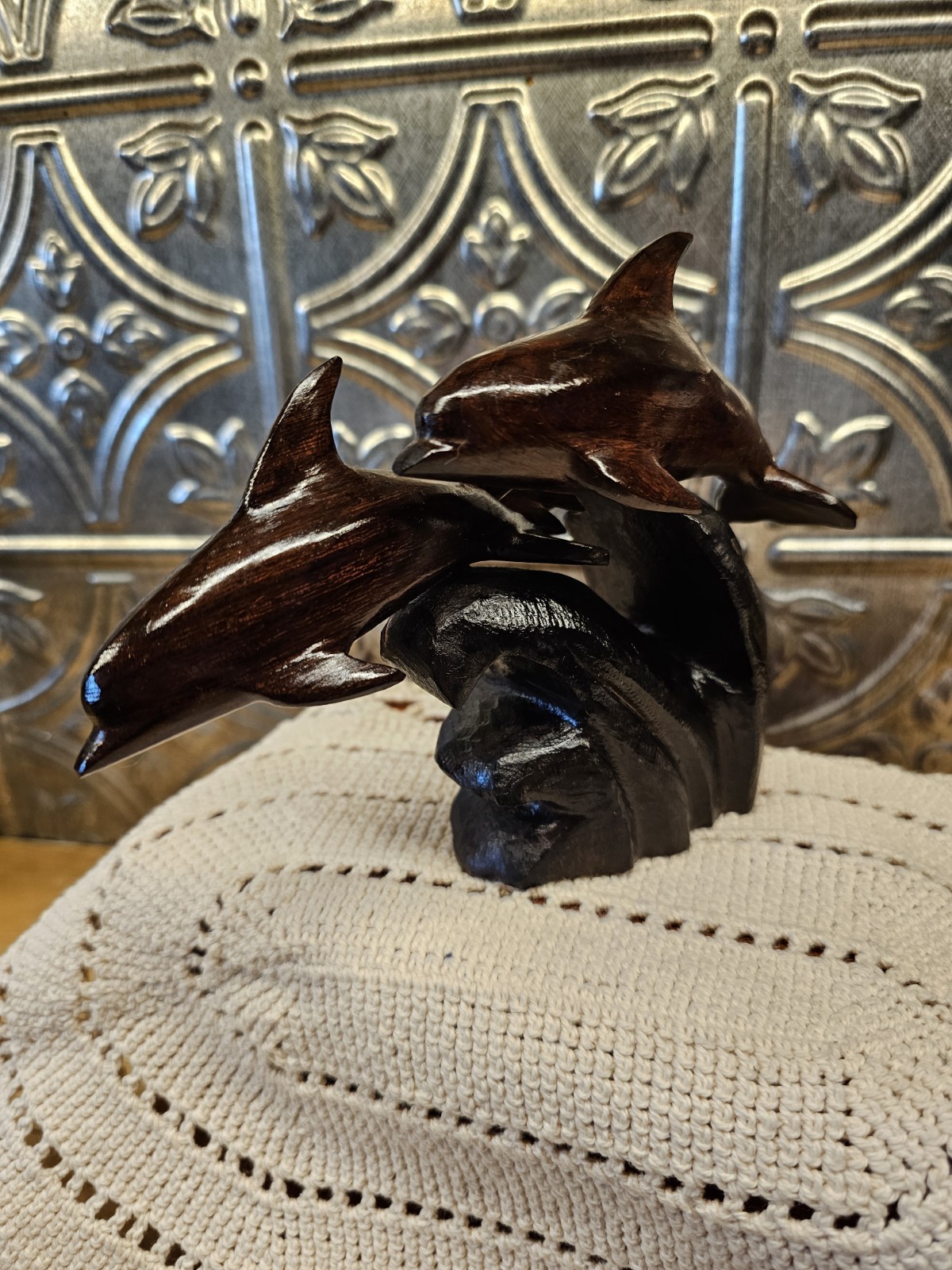 Trio Of Dolfins Riding A Wave, Ironwood Statue