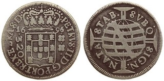 Brazil 320 Reis 1696 Pedro II Silver
