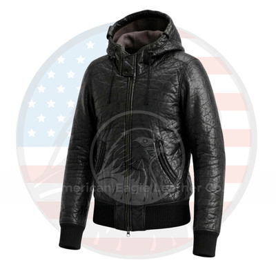 Men s Vintage Genuine Lambskin Leather Bubble Hooded Biker Black Winter Jacket