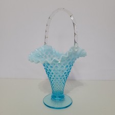Vintage Fenton Hobnail Blue Opalescent 12" Handled Basket