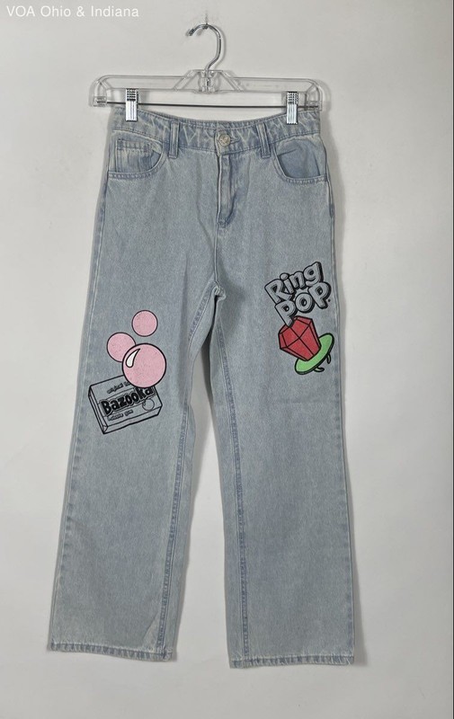 Justice Girls' Light Wash Bazooka Ring Pop Graphic Print Denim Jeans Sz 10