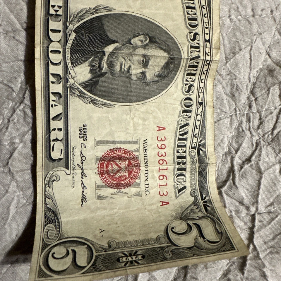 Billete de 5 dólares 1963 sello rojo (circulado) Foto 2 de 4