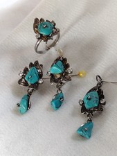 Rdzenni Amerykanie Pasująca biżuteria Kolczyki Wisiorek Turkus i srebro 10g