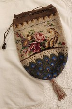 Antique Victorian Floral Micro Beaded Drawstring Reticule Purse, 8" L