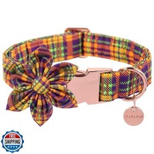 Halloween Dog Collar with Flower, Plaid Design for Small Female Dogs, Metal XL 