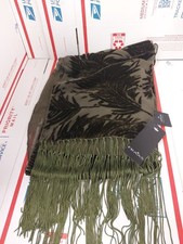 Olive Green Scarf Leaves Palm Fern Sheer Green Fringe Viscose Silk 790 Olive