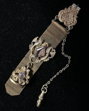Antique Victorian GoldFilled Watch Fob Mesh Chain Amethyst Glass Stone D&C c1906