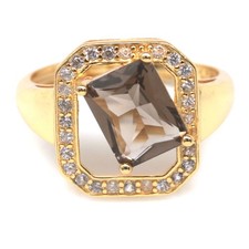 925 Sterling Silver 7 x 9 mm. Smoky Quartz  White Zircon Ring Size 8