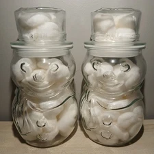 Pair of Libbey Glass Clear Snowman Candy Jar Top Hat Lid Christmas Holiday Jars