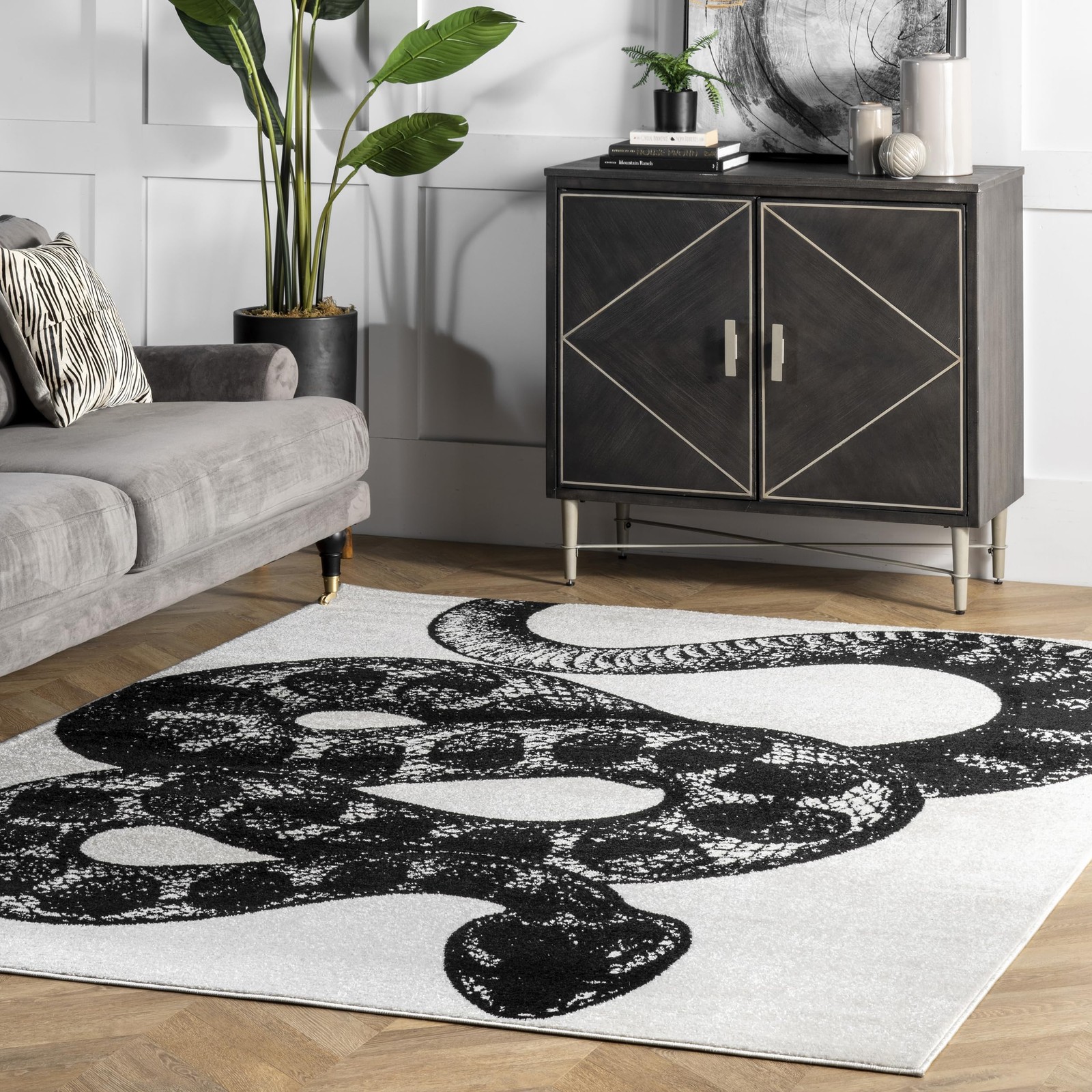5x8 Thomas Paul Serpent Area Rug, Black & Off White, Snake Design, Non-Slip B...