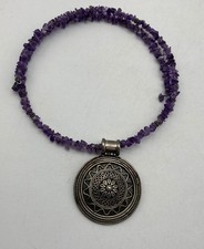 Sterling Silver Pendant on Amethyst Beaded Choker Necklace 38g