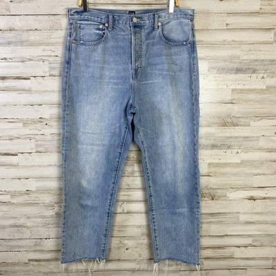 Gap 1969 Jeans Women 14 Blue Denim Light Indigo Button Fly Boyfriend Raw Hem