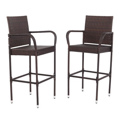 VINGLI Rattan Bar Chair Cushion Brown Outdoor Patio Furniture with Handrail 2PCS
