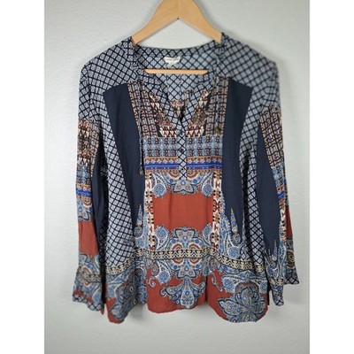 Tribal Jeans Womens XL Boho Paisley Geometric Print Rayon Blouse Navy Rust 57120