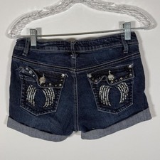 Y2K micro mini Ost Jean cuffed denim shorts with rhinestone angel wing
