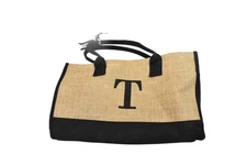 T Monogrammed Jute Tote Bag Womens Tan Black Large Reusable Shopper Beach Travel