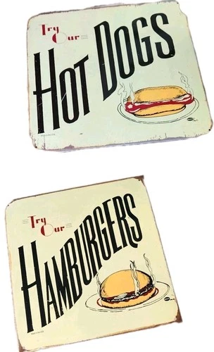 2 Vintage Marty Mummert Hot Dogs, Hamburger Tin/Metal Food Signs, 11.5"x11.5"