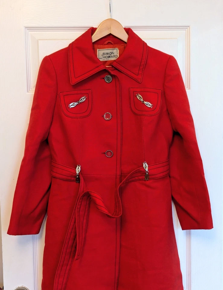 Vintage SIMON HOWARD Red Wool Trench Coat  MOD Soul GoGo 1960S Beat Hip - Image 4 of 4