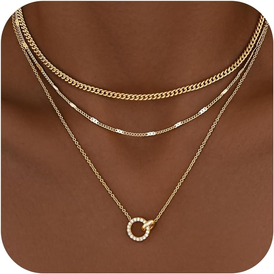 WomenGifts Layered Gold Necklaces for Women, 14K Gold Sterling Silver Plated Dai