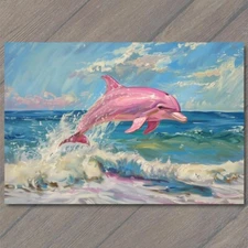 POSTCARD Pink Dolphin Jumping Out of Water Ocean Sea Unusual Rare Fun Cute