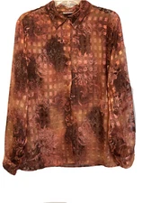 Semi sheer Peach abstract artsy floral gold metallic Sz L dress Shirt Blouse