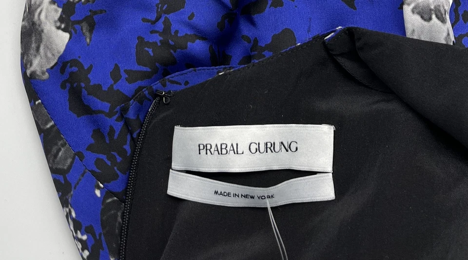 Vestido midi Prabal Gurung azul seda manga 3/4 negro/blanco estampado floral talla 8 Foto 4 de 4