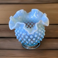 Vintage Fenton Hobnail Vase Ruffled Edge Blue Opalescent