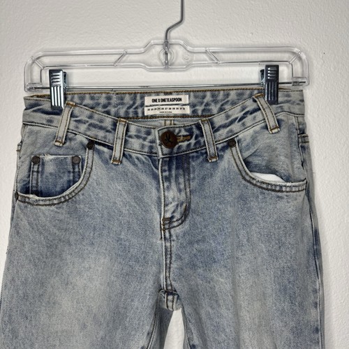 Pantalones de mezclilla One X One cucharadita azul malta Freebirds lavado claro desgastados hasta la rodilla talla 25 - Imagen 2 de 14