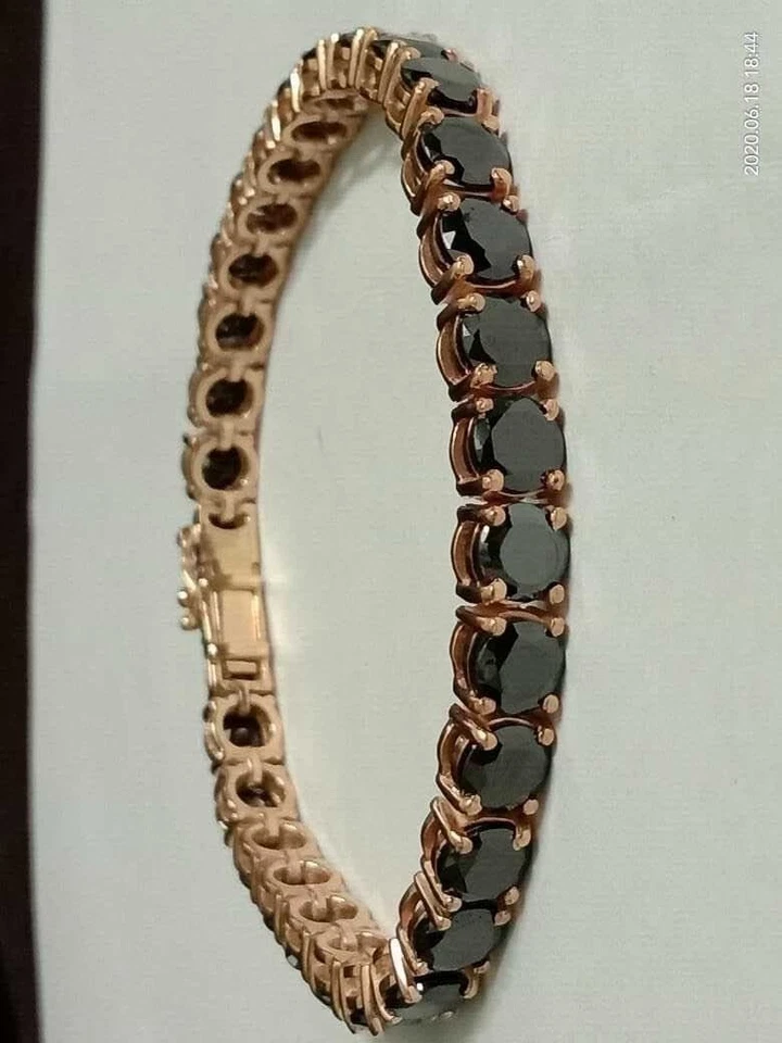 Brazalete de piedra de cuarzo jade rondelle negro enchapado en oro rosa de 14 quilates de corte redondo para hombre Foto 4 de 4