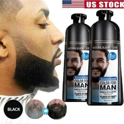 2PCS-200ml Men Beard Mustache Natural Hair Color Shampoo Permanent Black Dye US