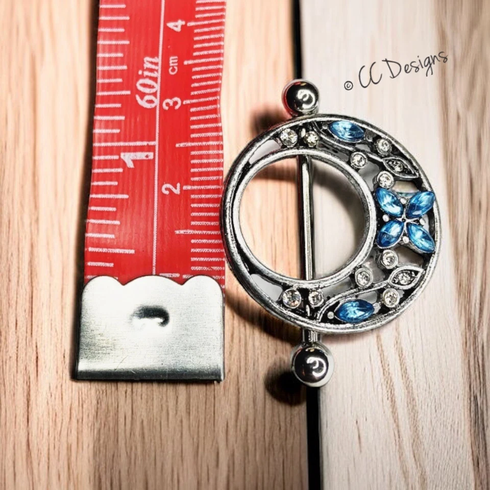 Par de anillos protectores pezón flor enredadera círculo azul blanco brillante 14 g circonita cúbica (J158) Foto 4 de 4
