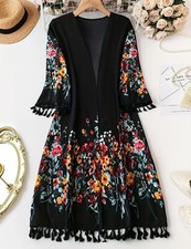 Chic Blossoming Floral Print Tasseled Hem Front Open Long Sleeves Women's Kimono