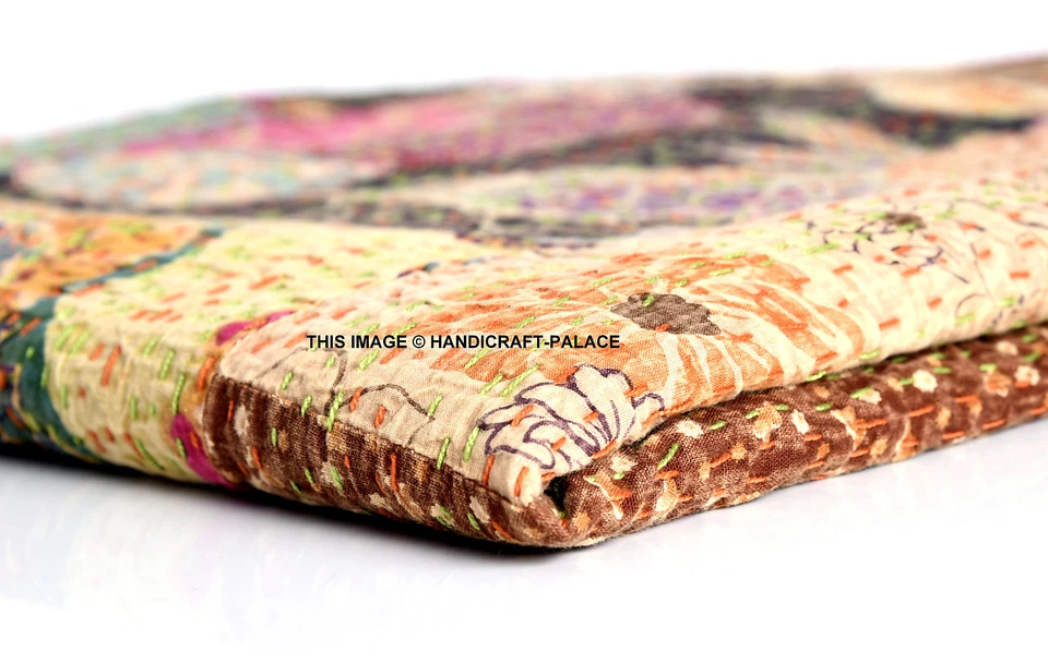 Colcha Kantha Edredón Retazos Algodón Indio Manta Hecha a Mano Talla Doble Loca Foto 2 de 4