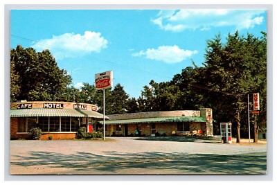 Postcard: AR Mima's Motel Cafe, Coke Sign, Phone Booth, Ola, Arkansas - Unposted