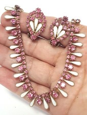 WEISS Pink Rhinestone White Enamel Necklace 15