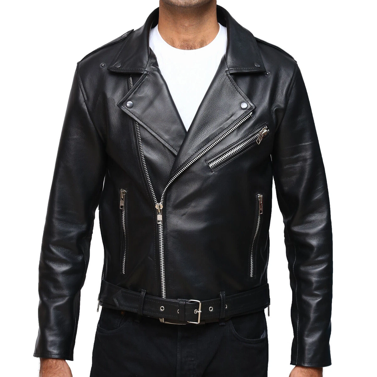 Homme Brando Noir Cuir V ritable Veste Asym trique Motard Moto Veste