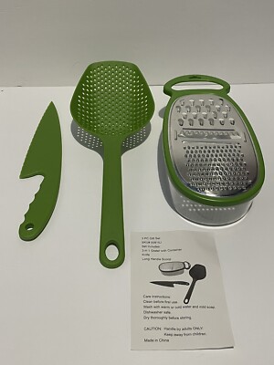 3 in 1 Grater w/Bowl, Knife and Long Handled Scoop Set Dishwasher Safe Green